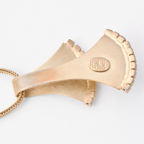 Vintage Hobé Pendant Necklace Gold Tone Double Fan Shape with Rhinestone Rare - Picture 6 of 7